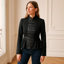 Load image into Gallery viewer, BCBGMaxazria Satin Detail Zip Up Ruffle Hem Peplum Military Jacket Black M
