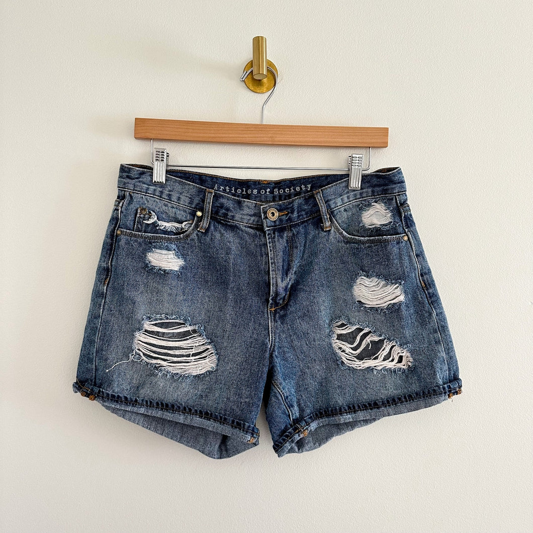 Articles Of Society Distressed Denim Dark Wash Mid Rise Shorts Blue 27