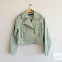 Load image into Gallery viewer, Zara Faux Leather Zip Up Cropped Biker Moto Jacket Mint Green S
