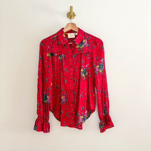 Anthropologie Maeve Fredericka Bird Floral Print Ruffle Button Up Shirt Red 0