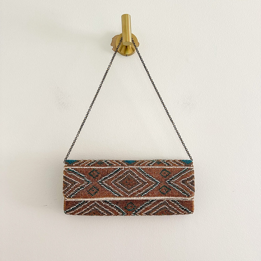 Santi Aztec Pattern Beaded Rectangle Shape Clutch Bag Brown