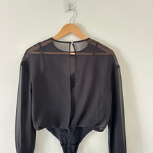 Load image into Gallery viewer, Wilfred Talmont Sheer Long Sleeve Chiffon Thong-Cut Bodysuit Black XS
