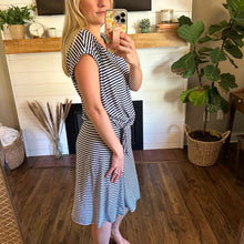 Load image into Gallery viewer, Velvet by Graham &amp; Spencer Linen Blend Striped Twist Front Dress Navy White
