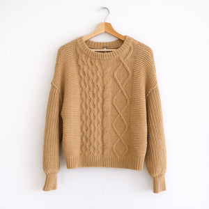 Free People Dream Cable-Knit Crew Neck Pullover Sweater Brown XS