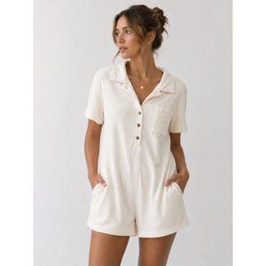 Ascot + Hart Terry Cloth Collared Short Sleeve Button Front Romper White S
