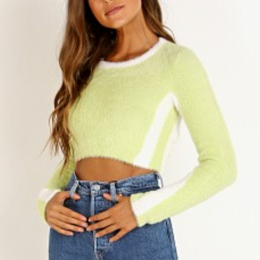 For Love And Lemons Alanis Stripe Crop Pullover Sweater Lime Green S