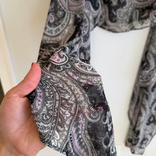 Load image into Gallery viewer, Maruca Novelo Silk Paisley Asymmetrical Shrug Gray Black NWT
