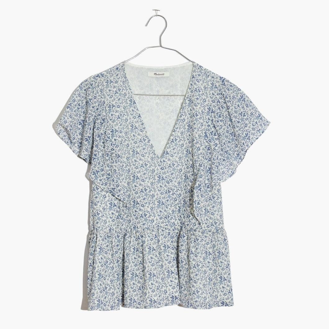 Madewell Georgette Ruffle Sleeve Floral Print Casual Peplum Top Blue XS