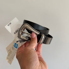 Load image into Gallery viewer, Treasure &amp; Bond Genuine Leather Silver Engraved Western Buckle Belt Black S NWT
