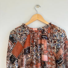Load image into Gallery viewer, Hayden Paisley Patch Print Ruffle Neck Chiffon Tiered Mini Dress Brown S
