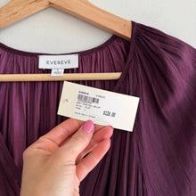 Load image into Gallery viewer, Evereve Layla Satin Pleated Ruffles Long Sleeve V-Neck Midi Dress Plum L NWT
