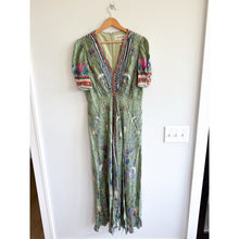 Load image into Gallery viewer, Saloni Lea Silk Floral Print Jacquard V-Neck Puff Sleeve Midi Dress Green 10

