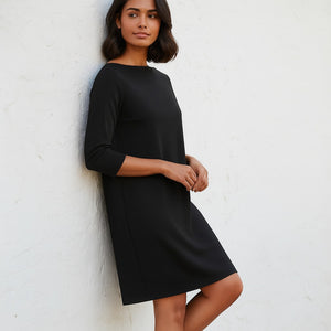 Eileen Fisher Bateau Neck Stretch Crepe Long Sleeve Dress Black M