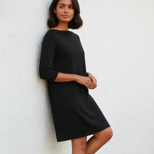 Load image into Gallery viewer, Eileen Fisher Bateau Neck Stretch Crepe Long Sleeve Dress Black M
