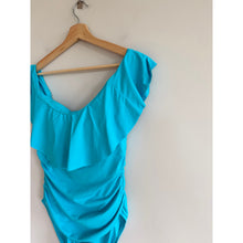 Load image into Gallery viewer, La Blanca Off Shoulder Ruffles Trim One Piece Swimwear Blue 12 NWT
