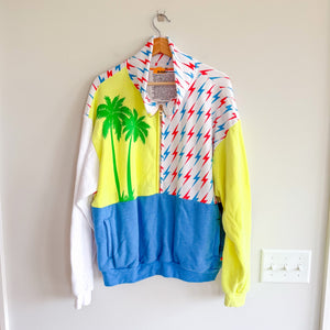 Aviator Nation RARE Bolt Palm Trees Fleece 1/2 Zip Sweatshirt Blue Yellow XL