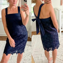 Load image into Gallery viewer, Banana Republic Bow Back Lace Sleeveless Shift Mini Dress Blue 4 NWT

