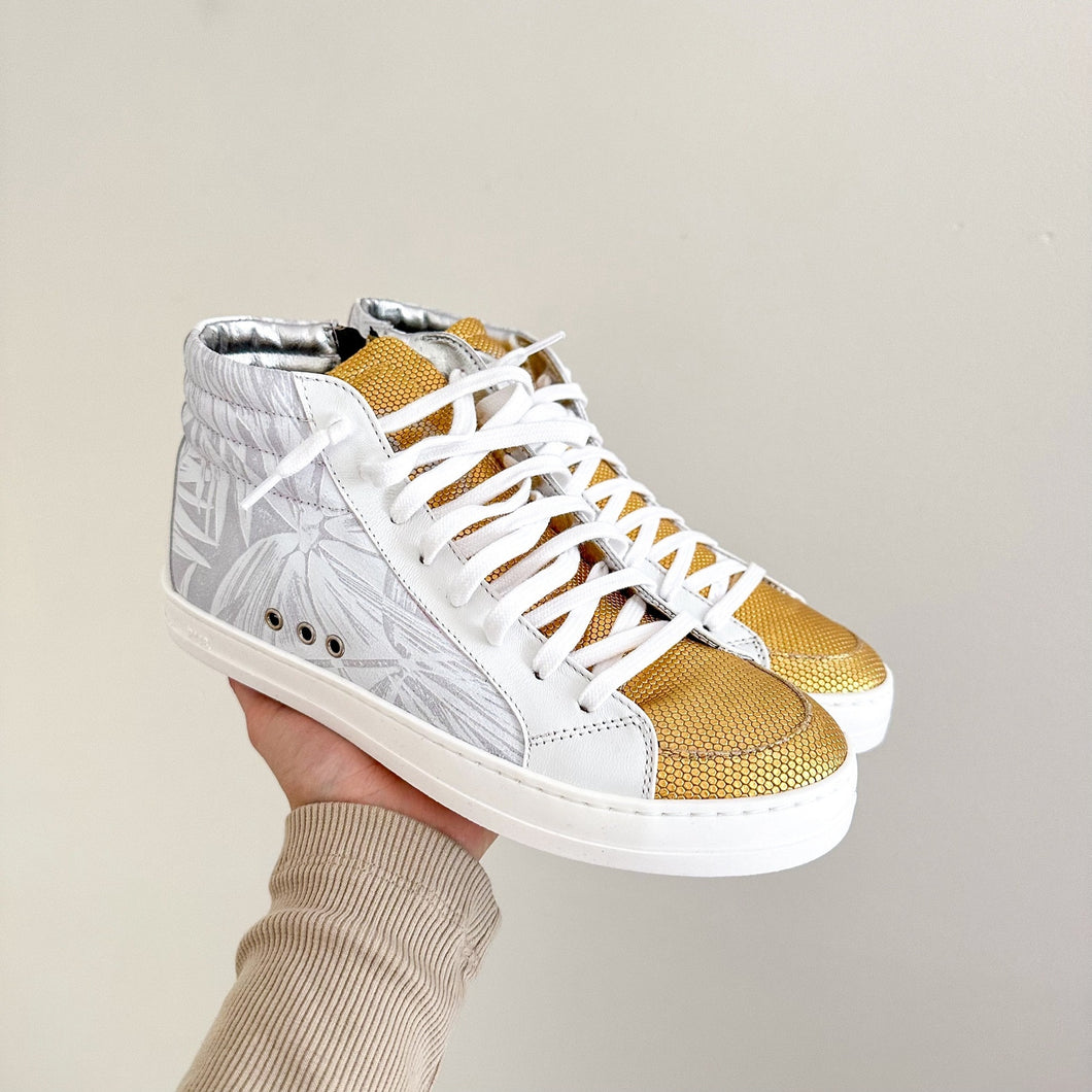 P448 Palm High Top Lace Up Round Toe Sneakers White/Gold 37