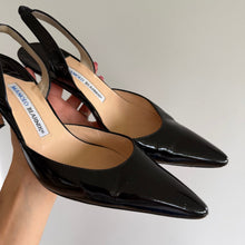 Load image into Gallery viewer, Manolo Blahnik Patent Leather Pointed-Toe Slingback Pumps Black 39.5
