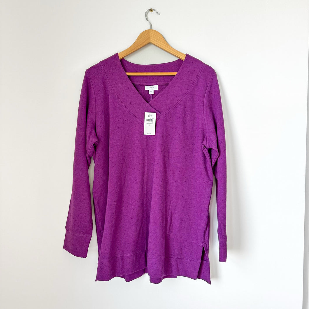 J. Jill Fit Tweeded French Terry Side-Slit V-Neck Casual Tunic Top Purple L NWT