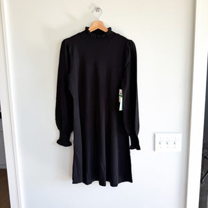CeCe Ruffled Neck Ribbed Knit Long Sleeve Mini Sweater Dress Black L NWT
