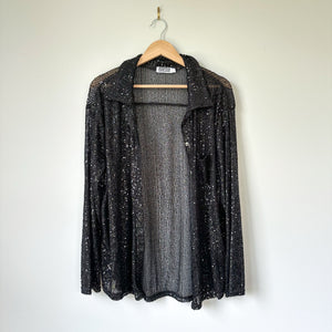 Porter Collective Sequins Townes Sheer Button Front Long Sleeve Blouse Black L