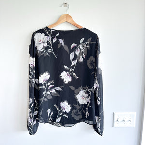 White House Black Market Silk New Romance Floral Sheer Sleeve Ruffle Blouse