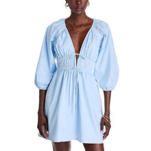 Load image into Gallery viewer, Wayf Leighton Poplin 3/4 Sleeve V-Neck Mini Dress Blue XS
