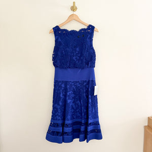 Tadashi Shoji Embroidered Lace Blouson Waist Dress Marna Blue 8