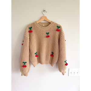 Cherry Embroidered Chunky Knit Crew Neck Pullover Sweater Brown M