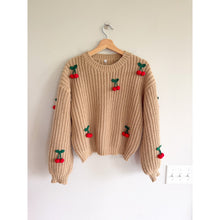 Load image into Gallery viewer, Cherry Embroidered Chunky Knit Crew Neck Pullover Sweater Brown M
