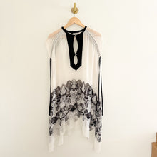 Load image into Gallery viewer, Silk Crystal Embellished Sheer Tie-Short Sleeve Swimwear Cover Up White/Black

