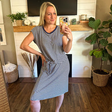 Load image into Gallery viewer, Velvet by Graham &amp; Spencer Linen Blend Striped Twist Front Dress Navy White
