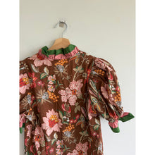 Load image into Gallery viewer, Entro Floral Ruffle Neck Puff Sleeve Blouse Brown Green Multi S
