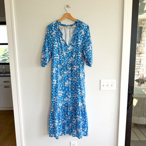 Draper James Martina Floral Print 3/4 Sleeve Popover Midi Dress Blue White 6