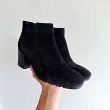 Load image into Gallery viewer, Aquatalia Suede Block Heel Side Zip Pull On Ankle Booties Black 5.5
