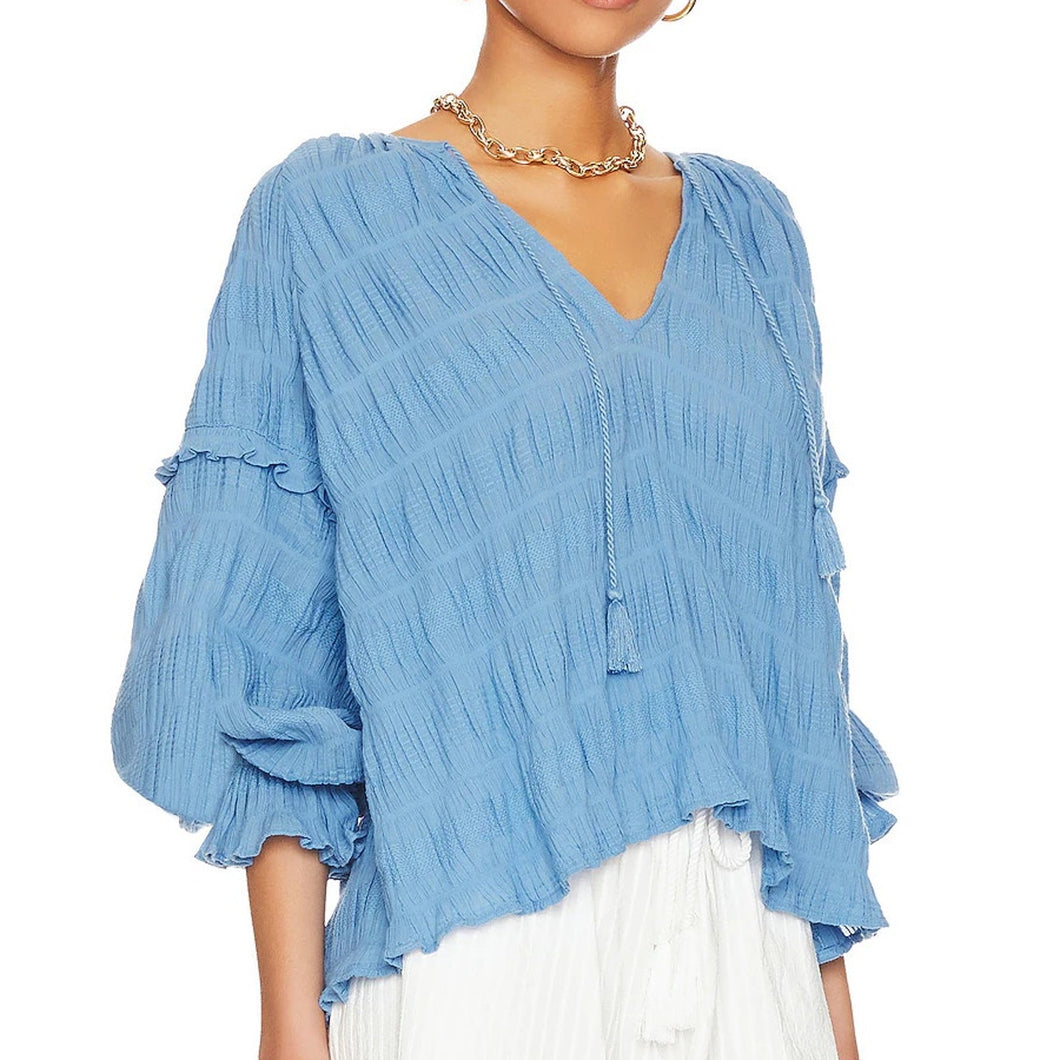 Cleobella Azariah Long Sleeve Smocked Split Neck Blouse Blue S