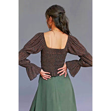 Load image into Gallery viewer, Anthropologie Bishop Smocked Metallic Shimmer Bell Sleeve Cropped Blouse Brown M
