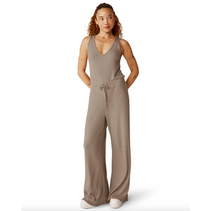 Beyond Yoga Jetsetter Rib Self Drawcord Waistband V-Neck Jumpsuit Birch L