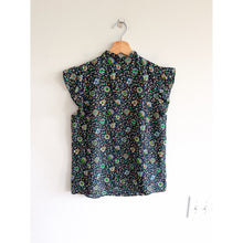 Load image into Gallery viewer, Tory Burch Floral Pattern Cap Sleeve Crew Neck Blouse Blue 2
