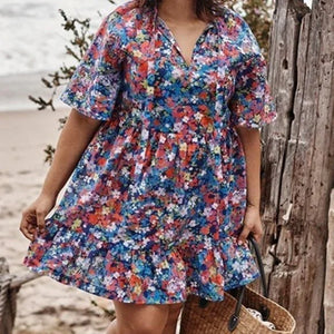 Summersalt The Tie Neck Floral Short Sleeve Mini Dress Blue/Red XS