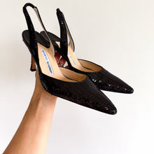 Load image into Gallery viewer, Manolo Blahnik Carolyne Sequin Pointed Toe Slingback Pumps Black 9.5
