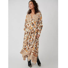 Load image into Gallery viewer, Free People Rows Of Roses V-Neck Long Sleeve Maxi Dress Cream Yellow L
