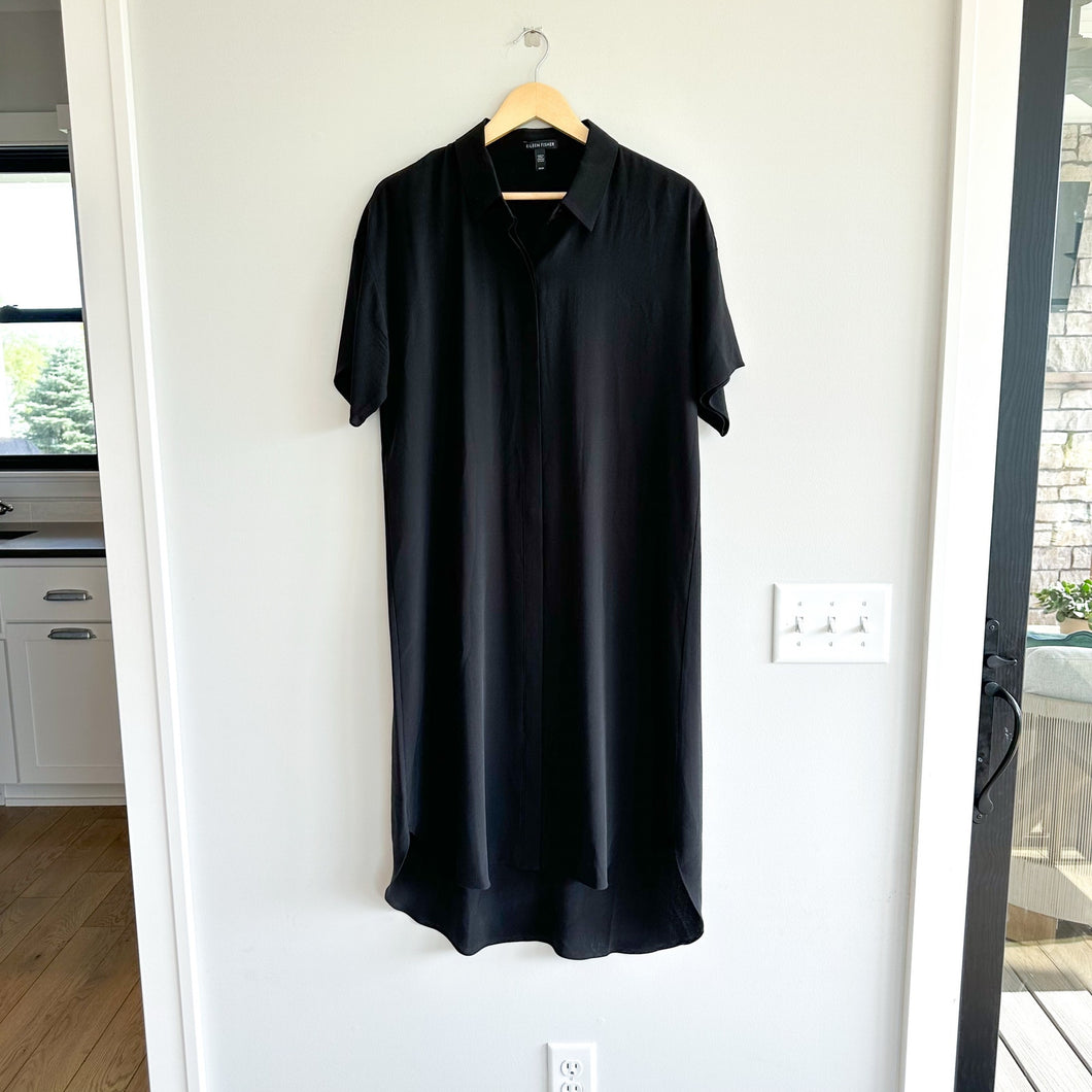 Eileen Fisher Silk Georgette Button Up Shirt Midi Dress Black M