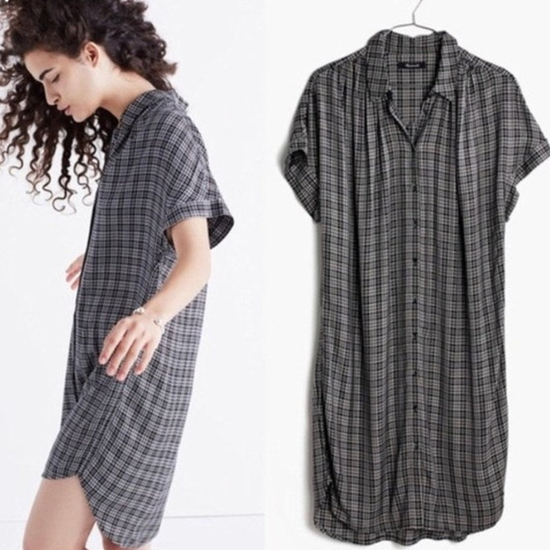 Madewell Central Thompson Plaid Tulip Hem Shirt Dress Black 2XS