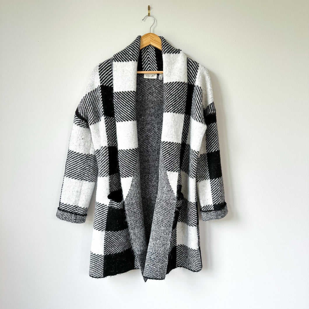 RD Style Buffalo Plaid Open Front Cardigan Sweater Black/White M